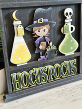 Load image into Gallery viewer, Witch Halloween Wall Collage Shelf Holder Interchangeable Sign File Glowforge, Cat, Potion, Cat, Skull Standing, LuckyHeartDesignsCo
