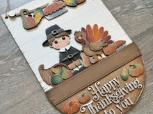 Load image into Gallery viewer, Thanksgiving Holiday Door Sign Interchangeable File, SVG Pilgrim Turkey Pumpkin, Fall, Leaves, Farm, Seasonal, Home, Welcome, glowforge
