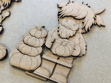 Load image into Gallery viewer, Fall Pumpkin Highland Standing File SVG, Pumpkin, Cow, Scarecrow, Leaves, Autumn, Farm, Tiered Tray Glowforge, LuckyHeartDesignsCo
