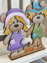 Load image into Gallery viewer, Teddy Bear Scarecrow Couple Standing File SVG, Glowforge Fall Pumpkin Far Girl, Boy, Autumn, Gourd, Decor, Tiered Tray, LuckyHeartDesignsCo
