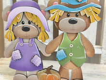 Load image into Gallery viewer, Teddy Bear Scarecrow Couple Standing File SVG, Glowforge Fall Pumpkin Far Girl, Boy, Autumn, Gourd, Decor, Tiered Tray, LuckyHeartDesignsCo
