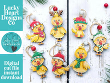 Load image into Gallery viewer, Chicken Christmas Ornament File SVG, Glowforge, Farm, Coop, Bird, Santa, Elf, Reindeer, Rudolph, LuckyHeartDesignsCo
