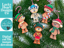 Load image into Gallery viewer, Teddy Bear Christmas Ornament File SVG, Glowforge, Santa, Elf, Reindeer, Rudolph, Cute, Baby, Kids, LuckyHeartDesignsCo
