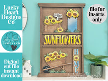 Load image into Gallery viewer, Sunflower Wall Collage Shelf Holder Interchangeable Sign File Glowforge, Farm, Fall, Summer, Scarecrow, Standing, LuckyHeartDesignsCo
