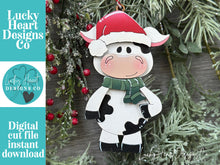 Load image into Gallery viewer, Dairy Cow Santa Standing Christmas Ornament File SVG, Glowforge, Cow, Farm, LuckyHeartDesignsCo
