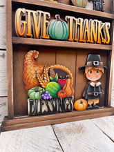 Load image into Gallery viewer, Thanksgiving Wall Collage Shelf Holder Interchangeable Sign File Glowforge, Fall, Pilgrim, Turkey Pumpkin, Standing, LuckyHeartDesignsCo
