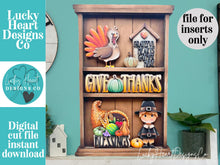 Load image into Gallery viewer, Thanksgiving Wall Collage Shelf Holder Interchangeable Sign File Glowforge, Fall, Pilgrim, Turkey Pumpkin, Standing, LuckyHeartDesignsCo
