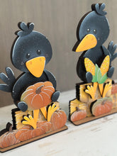 Load image into Gallery viewer, Crow Fall Shelf Hanging Sign File SVG, Fall, Farm, Pumpkin, Hay bale, Corn, Mantle decor, glowforge LuckyHeartDesignsCO
