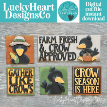 Load image into Gallery viewer, Crow Fall Interchangeable Leaning Sign File SVG, Glowforge, Farm, Scarecrow, Cute, Pumpkin, Leaves, Leaf, Autumn, LuckyHeartDesignsCo
