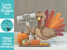 Load image into Gallery viewer, Turkey Thanksgiving Standing File SVG, Gobble, Pumpkin Pie, Pilgrim, Fall, Holiday Decor, Glowforge, LuckyHeartDesignsCo
