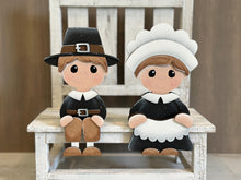 Load image into Gallery viewer, Pilgrim Turkey Shelf Sitter Hanging File SVG, Ledge, Hanger, Thanksgiving, Pumpkin, Tiered Tray Glowforge LuckyHeartDesignsCo

