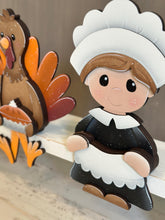 Load image into Gallery viewer, Pilgrim Turkey Shelf Sitter Hanging File SVG, Ledge, Hanger, Thanksgiving, Pumpkin, Tiered Tray Glowforge LuckyHeartDesignsCo
