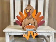 Load image into Gallery viewer, Pilgrim Turkey Shelf Sitter Hanging File SVG, Ledge, Hanger, Thanksgiving, Pumpkin, Tiered Tray Glowforge LuckyHeartDesignsCo
