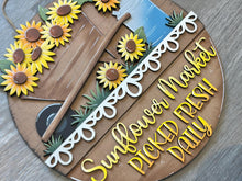 Load image into Gallery viewer, Sunflower Holiday Door Sign Interchangeable File, SVG Pumpkins Patch, Summer, Fall, Leaves, Farm, Seasonal, Home, Welcome, glowforge
