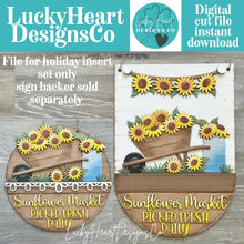 Load image into Gallery viewer, Sunflower Holiday Door Sign Interchangeable File, SVG Pumpkins Patch, Summer, Fall, Leaves, Farm, Seasonal, Home, Welcome, glowforge
