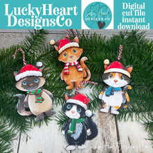 Load image into Gallery viewer, Cat Christmas Ornament File SVG, Glowforge, Scarf, Hat, Cute, Pet, Kitten, Santa, Wreath, LuckyHeartDesignsCo
