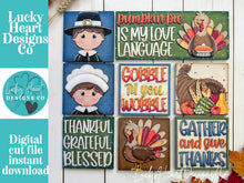 Load image into Gallery viewer, Pilgrim Thanksgiving Interchangeable Leaning Sign File SVG, Turkey, Thankful, Cornucopia, Glowforge, Pumpkin Fall, LuckyHeartDesignsCo
