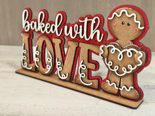 Load image into Gallery viewer, Baked With Love Gingerbread Shelf Sitter Christmas Sign File SVG, Santa, Man, Mantle decor Centerpiece glowforge LuckyHeartDesignsCo
