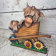 Load image into Gallery viewer, Highland Wheelbarrow Fall Standing File SVG, Glowforge, Cow, Summer, Sunflower, Fall, Flower, Farm, Tiered Tray LuckyHeartDesignsCo
