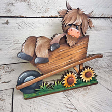 Load image into Gallery viewer, Highland Wheelbarrow Fall Standing File SVG, Glowforge, Cow, Summer, Sunflower, Fall, Flower, Farm, Tiered Tray LuckyHeartDesignsCo
