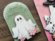 Load image into Gallery viewer, Ghost Flowers Tall Arch Sign Interchangeable File SVG, TINY, INSERT only Halloween Pumpkin, Glowforge, Tiered Tray LuckyHeartDesignsCo
