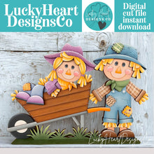 Load image into Gallery viewer, Scarecrow Wheelbarrow Standing File SVG, Glowforge Fall, Pumpkin Farm, Girl, Boy, Autumn, Gourd, Decor, Tiered Tray, LuckyHeartDesignsCo
