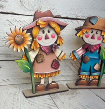 Load image into Gallery viewer, Scarecrow Pair Sunflowers Standing File SVG, Glowforge Fall, Pumpkin Farm, Girl, Boy, Autumn, Gourd, Decor, Tiered Tray, LuckyHeartDesignsCo
