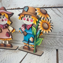 Load image into Gallery viewer, Scarecrow Pair Sunflowers Standing File SVG, Glowforge Fall, Pumpkin Farm, Girl, Boy, Autumn, Gourd, Decor, Tiered Tray, LuckyHeartDesignsCo

