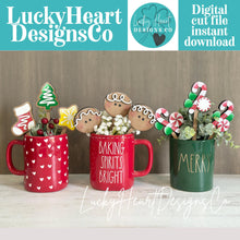 Load image into Gallery viewer, Christmas Sweets Mug Stick File SVG, Glowforge Tiered Tray, Candy Cane, Gingerbread Man, Cookie, Tree Plant Topper Gift, LuckyHeartDesignsCo
