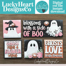 Load image into Gallery viewer, Ghost Flower Interchangeable Leaning Sign File SVG, Glowforge Tiered Tray, Halloween, Boo, Pumpkin, Sunflower, Daisy, LuckyHeartDesignsCo
