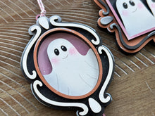 Load image into Gallery viewer, Hanging Vintage Ghost Frames File SVG, Trick or Treat, BOO, Floral, Flower, Ornament, Car Charm, Tiered Tray Glowforge, LuckyHeartDesignsCo
