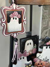Load image into Gallery viewer, Hanging Vintage Ghost Frames File SVG, Trick or Treat, BOO, Floral, Flower, Ornament, Car Charm, Tiered Tray Glowforge, LuckyHeartDesignsCo
