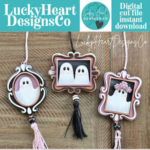 Load image into Gallery viewer, Hanging Vintage Ghost Frames File SVG, Trick or Treat, BOO, Floral, Flower, Ornament, Car Charm, Tiered Tray Glowforge, LuckyHeartDesignsCo
