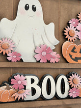 Load image into Gallery viewer, Ghost Flower Wall Collage Shelf Holder Interchangeable Sign File Glowforge, Halloween, Pumpkin Floral Sunflower Standing LuckyHeartDesignsCo

