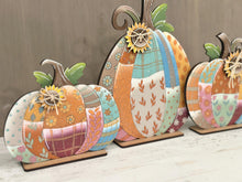 Load image into Gallery viewer, Patchwork Pumpkin Trio Standing File SVG, Floral, Leafy, Sunflower, Bow, Leaves, Fall Glowforge, LuckyHeartDesignsCo
