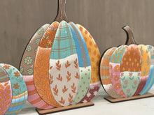 Load image into Gallery viewer, Patchwork Pumpkin Trio Standing File SVG, Floral, Leafy, Sunflower, Bow, Leaves, Fall Glowforge, LuckyHeartDesignsCo
