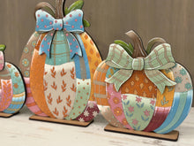 Load image into Gallery viewer, Patchwork Pumpkin Trio Standing File SVG, Floral, Leafy, Sunflower, Bow, Leaves, Fall Glowforge, LuckyHeartDesignsCo
