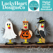 Load image into Gallery viewer, Chicken Halloween Standing File SVG, Farm, Witch, Ghost, Pumpkin, Bird, Egg, Chickens, Tiered Tray Glowforge, LuckyHeartDesignsCo
