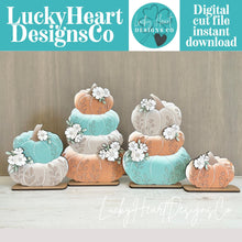 Load image into Gallery viewer, Stacking Scored Flower Pumpkins File SVG, Floral, Leafy, Leaves, Fall Glowforge, LuckyHeartDesignsCo
