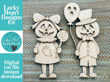 Load image into Gallery viewer, Pumpkin Head Boy and Girl Standing File SVG, Glowforge Fall, Ghost, Candy Halloween, Jack-O-Lantern, Decor, Tiered Tray, LuckyHeartDesignsCo
