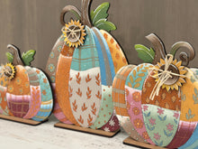 Load image into Gallery viewer, Patchwork Pumpkin Trio Standing File SVG, Floral, Leafy, Sunflower, Bow, Leaves, Fall Glowforge, LuckyHeartDesignsCo
