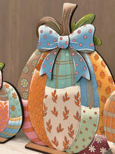 Load image into Gallery viewer, Patchwork Pumpkin Trio Standing File SVG, Floral, Leafy, Sunflower, Bow, Leaves, Fall Glowforge, LuckyHeartDesignsCo
