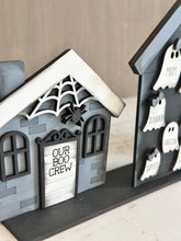 Load image into Gallery viewer, Halloween Family Standing House File SVG, Haunted, Gingerbread, Dog, Cat, Bat, Ghost, Tiered Tray, Glowforge, LuckyHeartDesignsCo
