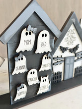 Load image into Gallery viewer, Halloween Family Standing House File SVG, Haunted, Gingerbread, Dog, Cat, Bat, Ghost, Tiered Tray, Glowforge, LuckyHeartDesignsCo
