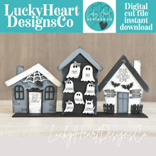 Load image into Gallery viewer, Halloween Family Standing House File SVG, Haunted, Gingerbread, Dog, Cat, Bat, Ghost, Tiered Tray, Glowforge, LuckyHeartDesignsCo
