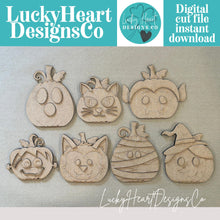Load image into Gallery viewer, Halloween Faces Pumpkin Standing File SVG, Jack-o-lantern, Mummy, Werewolf, Frank, Ghost, Witch, Tiered Tray Glowforge, LuckyHeartDesignsCo
