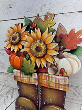 Load image into Gallery viewer, Fall Foliage Standing Boots Sign File SVG, Floral, Leaf, Pumpkin, Leaves, Sunflower, Berries, Gourd, Glowforge, LuckyHeartDesignsCo
