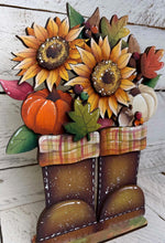Load image into Gallery viewer, Fall Foliage Standing Boots Sign File SVG, Floral, Leaf, Pumpkin, Leaves, Sunflower, Berries, Gourd, Glowforge, LuckyHeartDesignsCo
