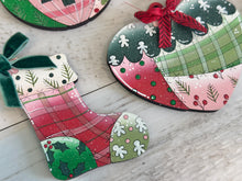 Load image into Gallery viewer, Patchwork Christmas Ornament File SVG, Craft, Kids, Gingerbread, Stocking, Heart, Candy Cane, Plaid, Holly, Glowforge, LuckyHeartDesignsCo
