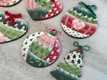 Load image into Gallery viewer, Patchwork Christmas Ornament File SVG, Craft, Kids, Gingerbread, Stocking, Heart, Candy Cane, Plaid, Holly, Glowforge, LuckyHeartDesignsCo
